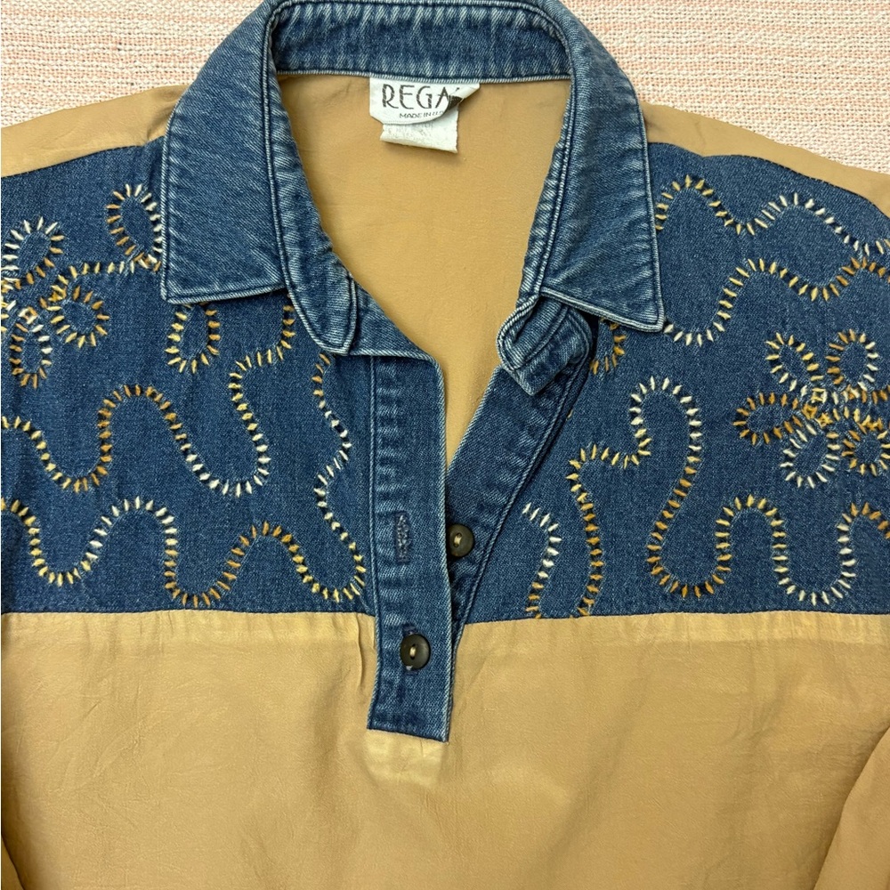 Vintage Western Denim Yoke Embroidered Pullover Top Made USA Tan Boho M